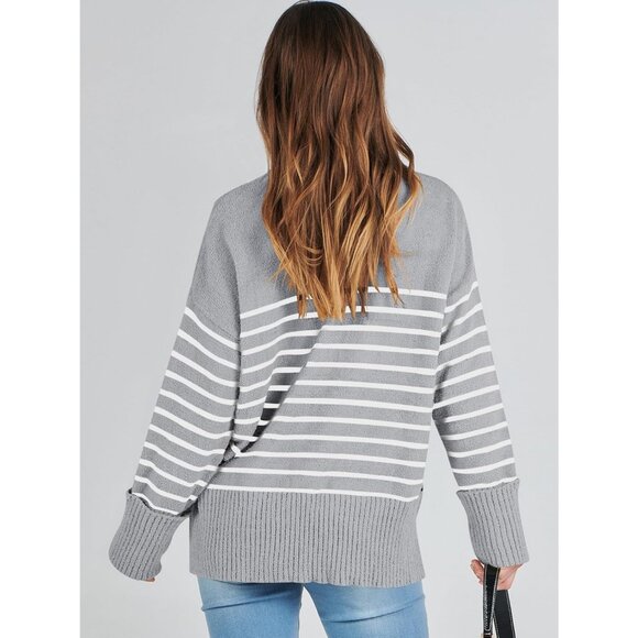 Women's Grey White Stripe Oversized Long Sleeve Casual Fuzzy Knit Sweaters - Picture 6 of 9